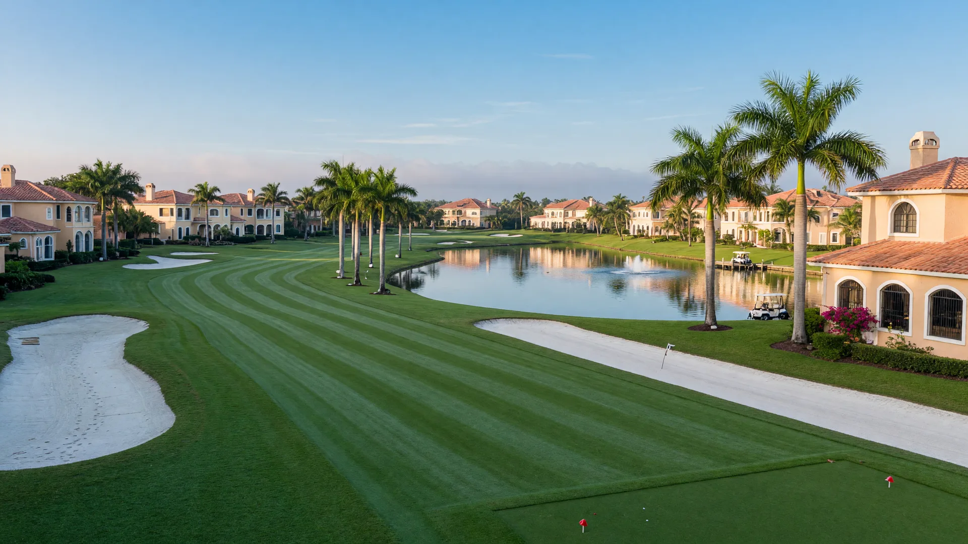 A Florida golf course with emerald fairways, white sand bunkers, and Mediterranean-style stucco homes with tile roofs lining the fairway on a clear morning