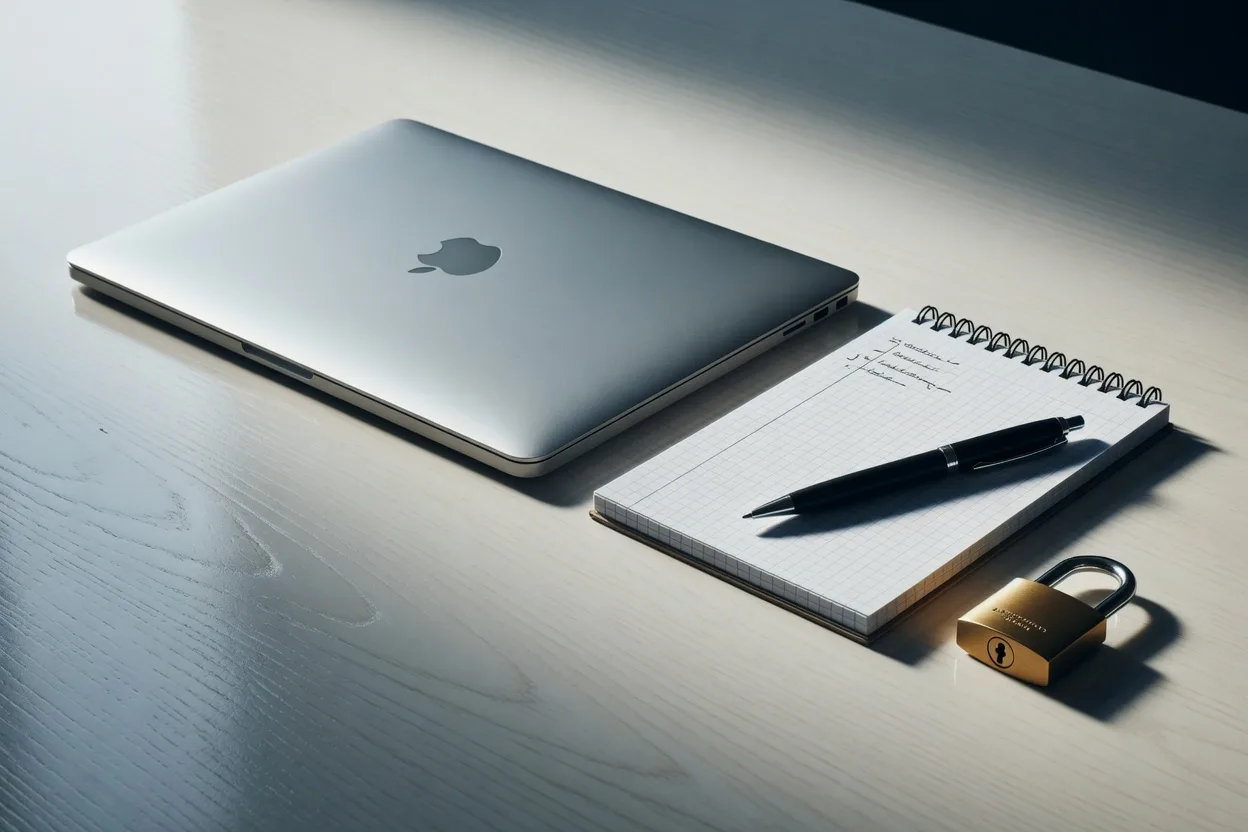 A laptop, document, and padlock on a desk, a reminder to verify before you send