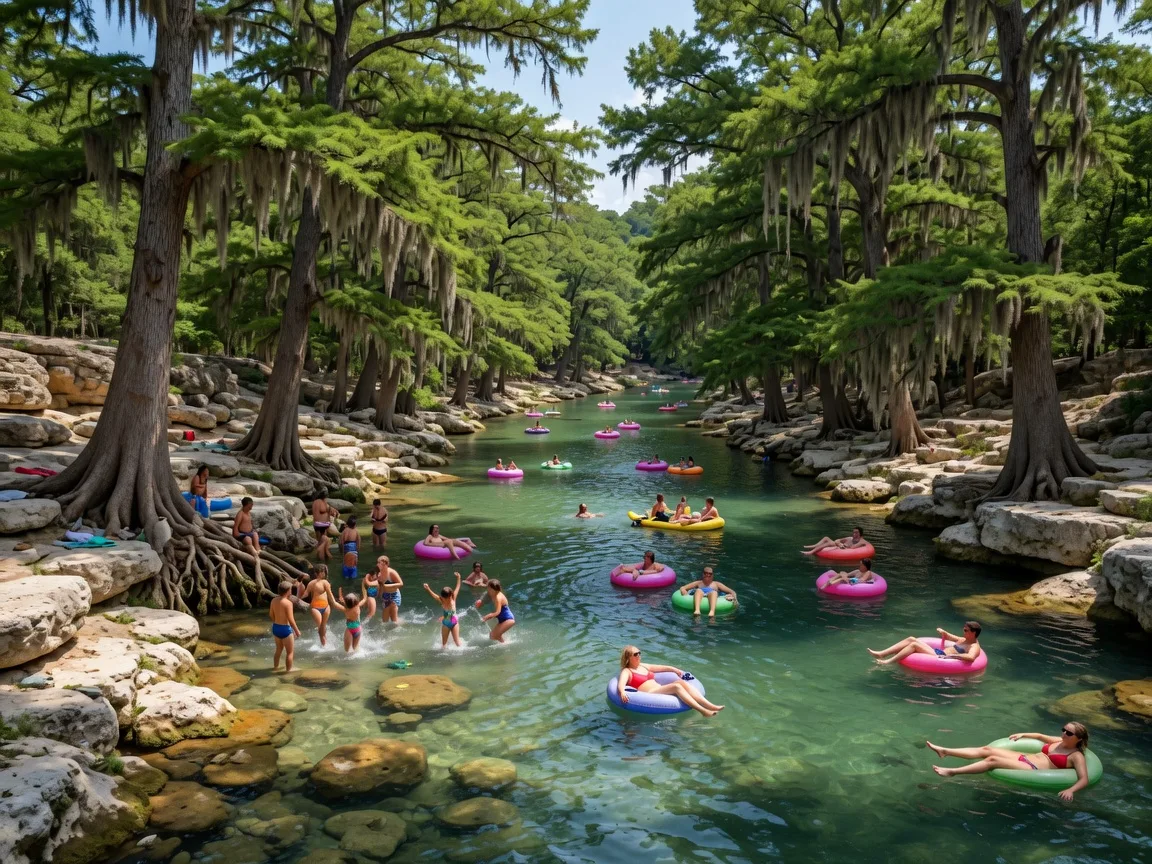 Blanco River swimming hole with cypress trees and people tubing and swimming on a bright summer day