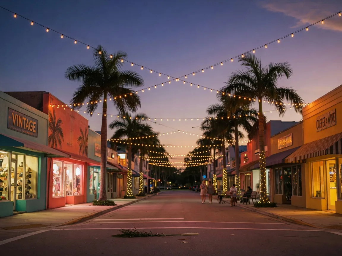 Atlantic Avenue in downtown Delray Beach at dusk, strung with warm lights above palm-lined sidewalks