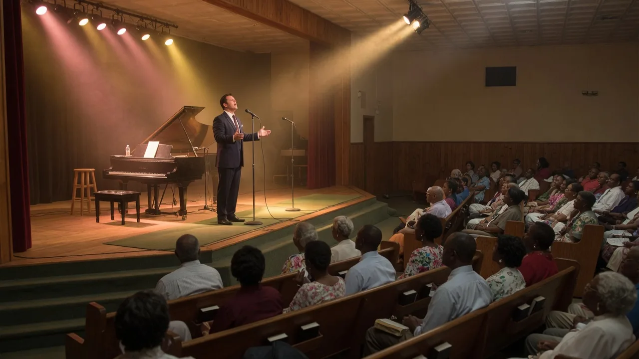 A Southern Gospel concert in a warm small-town auditorium, a solo male singer on a simple stage under golden stage light, a grand piano and microphone stands, a softly lit audience in wooden pews