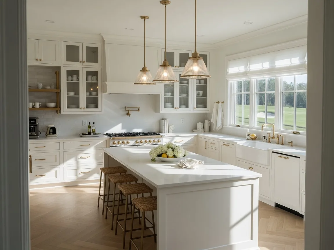 A freshly renovated classic kitchen in an upscale Georgia home with white shaker cabinets, quartz countertops, brass fixtures, and a large island, morning light through the windows