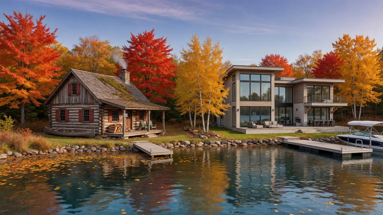 Rustic seasonal cabin contrasted with a modern year-round lake home