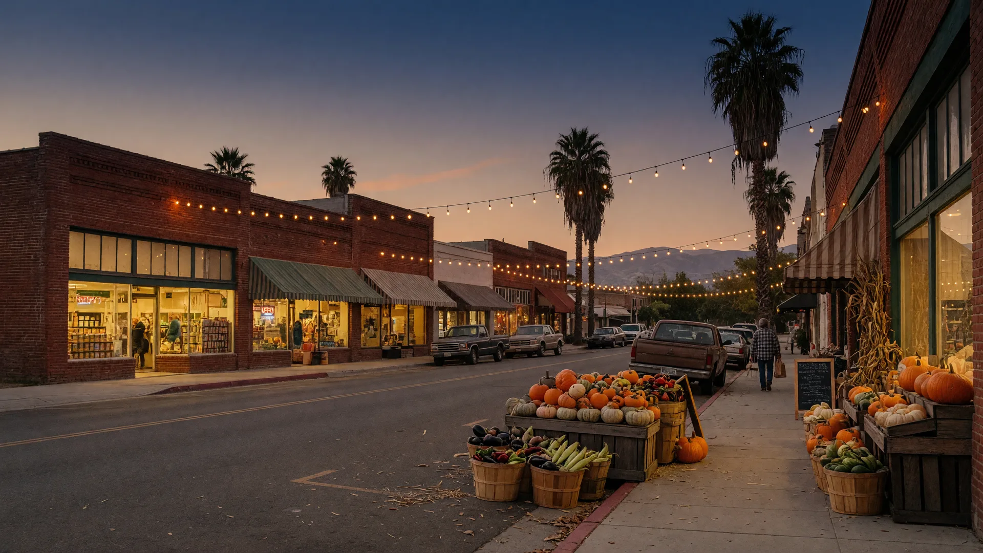 A small-town Central Valley main street at dusk in late September, historic brick storefronts glowing, string lights strung between buildings, a harvest display of pumpkins and produce in wooden crates outside a shop, palm trees silhouetted against a blue-orange sky, and the Sierra Nevada foothills on the horizon