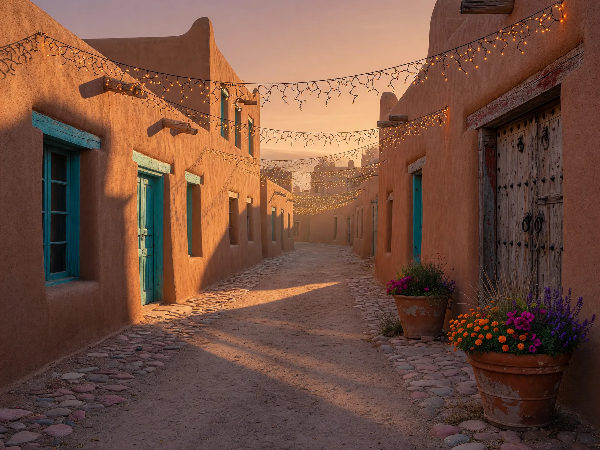 Historic adobe street in an Albuquerque neighborhood at golden hour