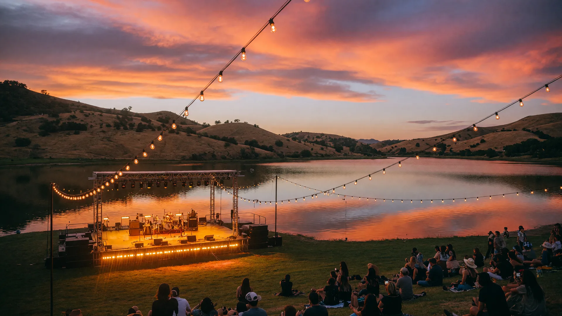 An outdoor sunset concert on a lake shoreline with a festival stage, warm lights, and a dramatic evening sky