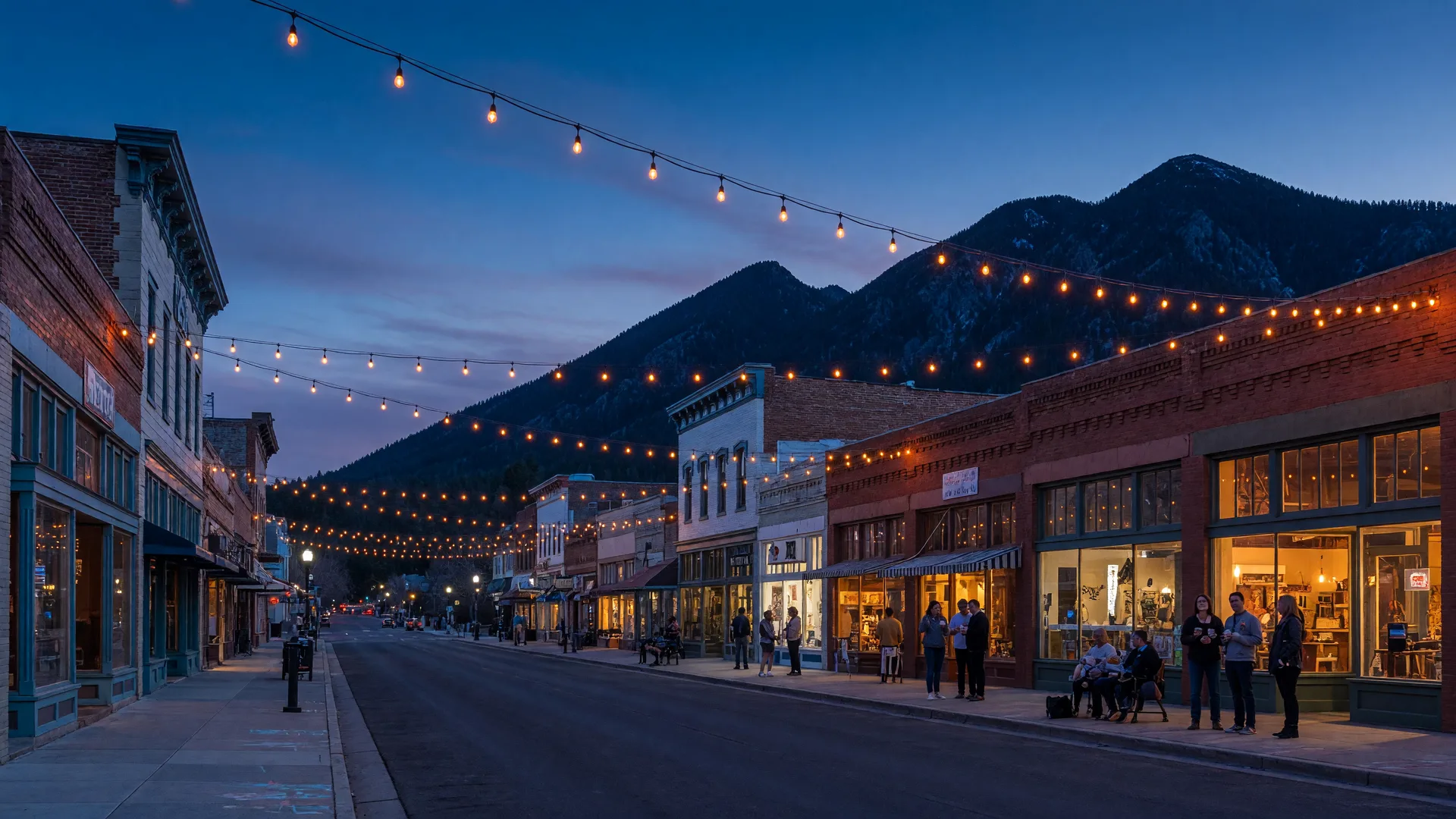 Downtown Flagstaff storefronts glowing at blue hour with festival string lights along Route 66