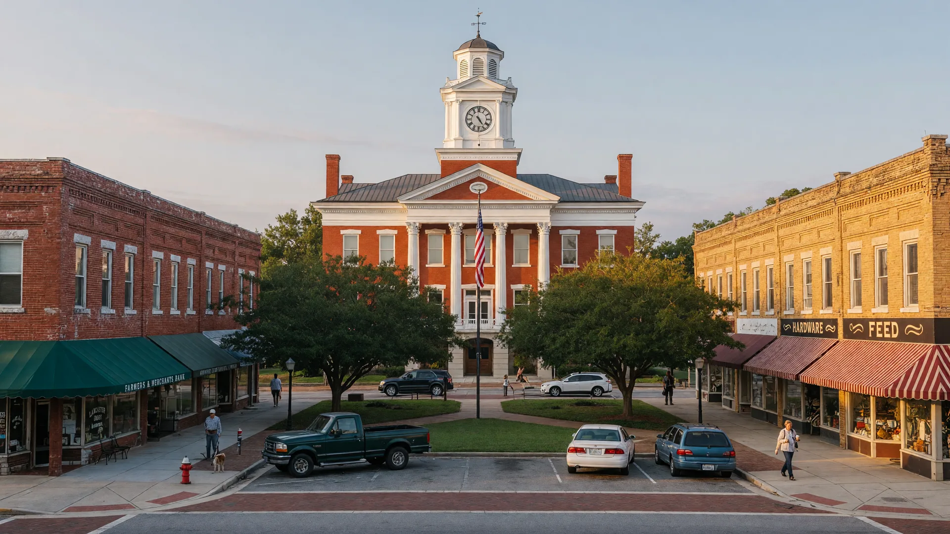 Historic courthouse square in downtown Lancaster, South Carolina at morning