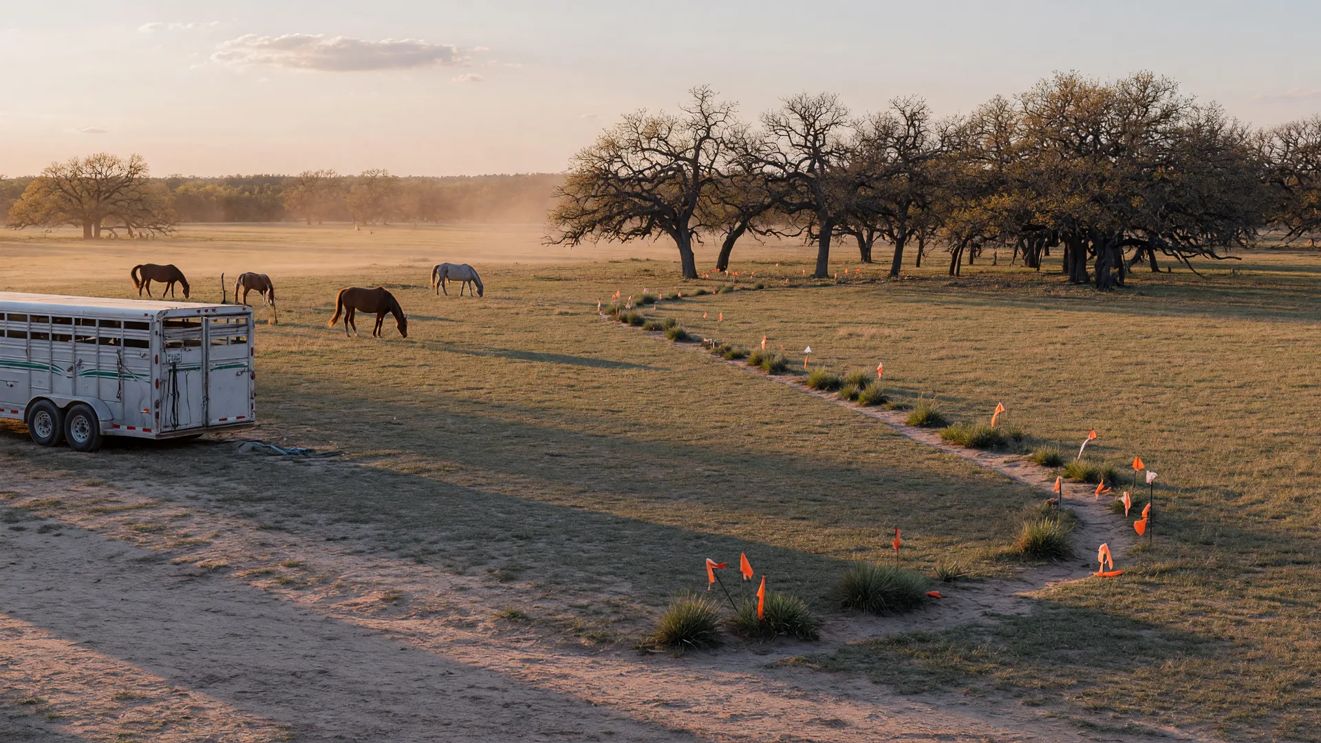 A wide Texas ranch pasture at golden hour with an endurance course marked by orange survey flags and ribbon winding toward scattered post oaks and a stock trailer