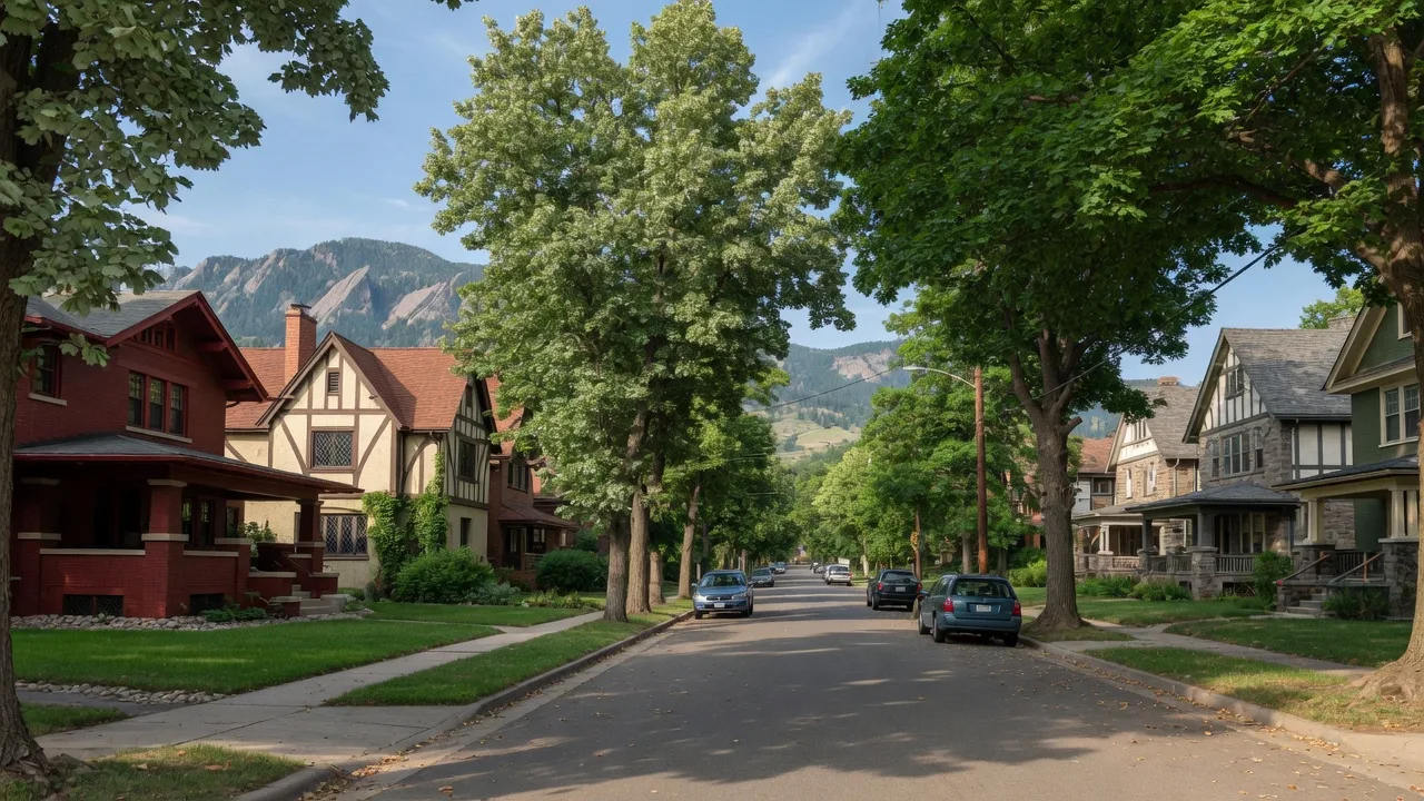 Tree-lined residential street in Newlands Boulder with historic Craftsman bungalows and Flatirons mountain backdrop