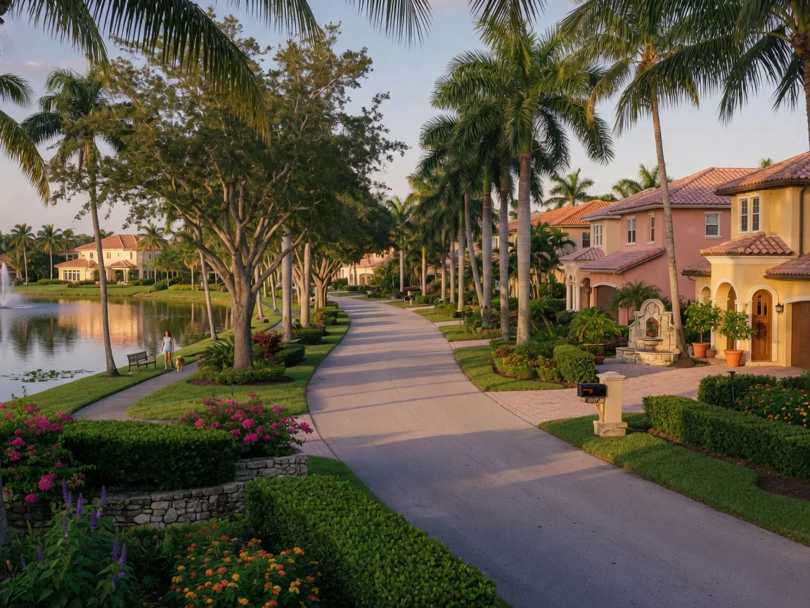 A master-planned Weston street at golden hour, tree-lined lanes and a lake in view