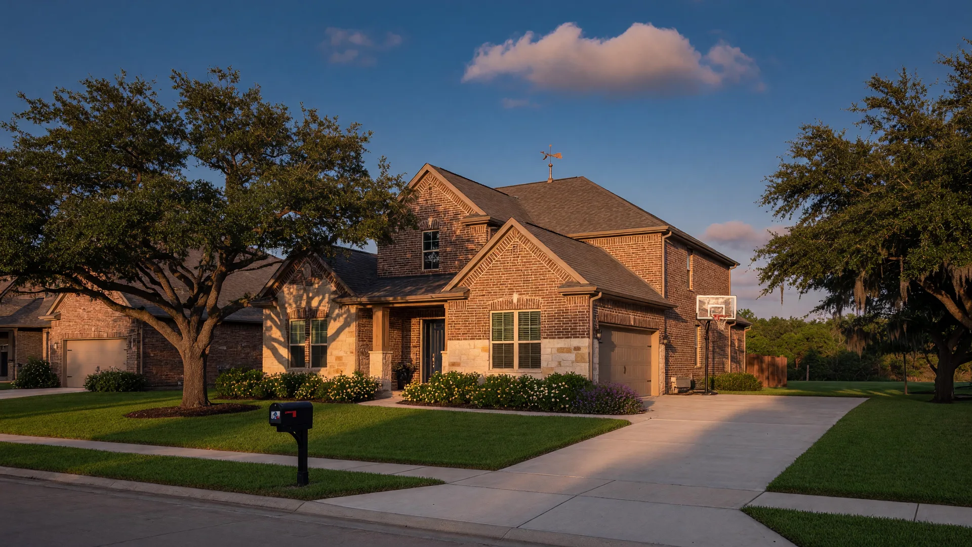 A brick-and-stone home in a Katy, Texas master-planned community at golden hour