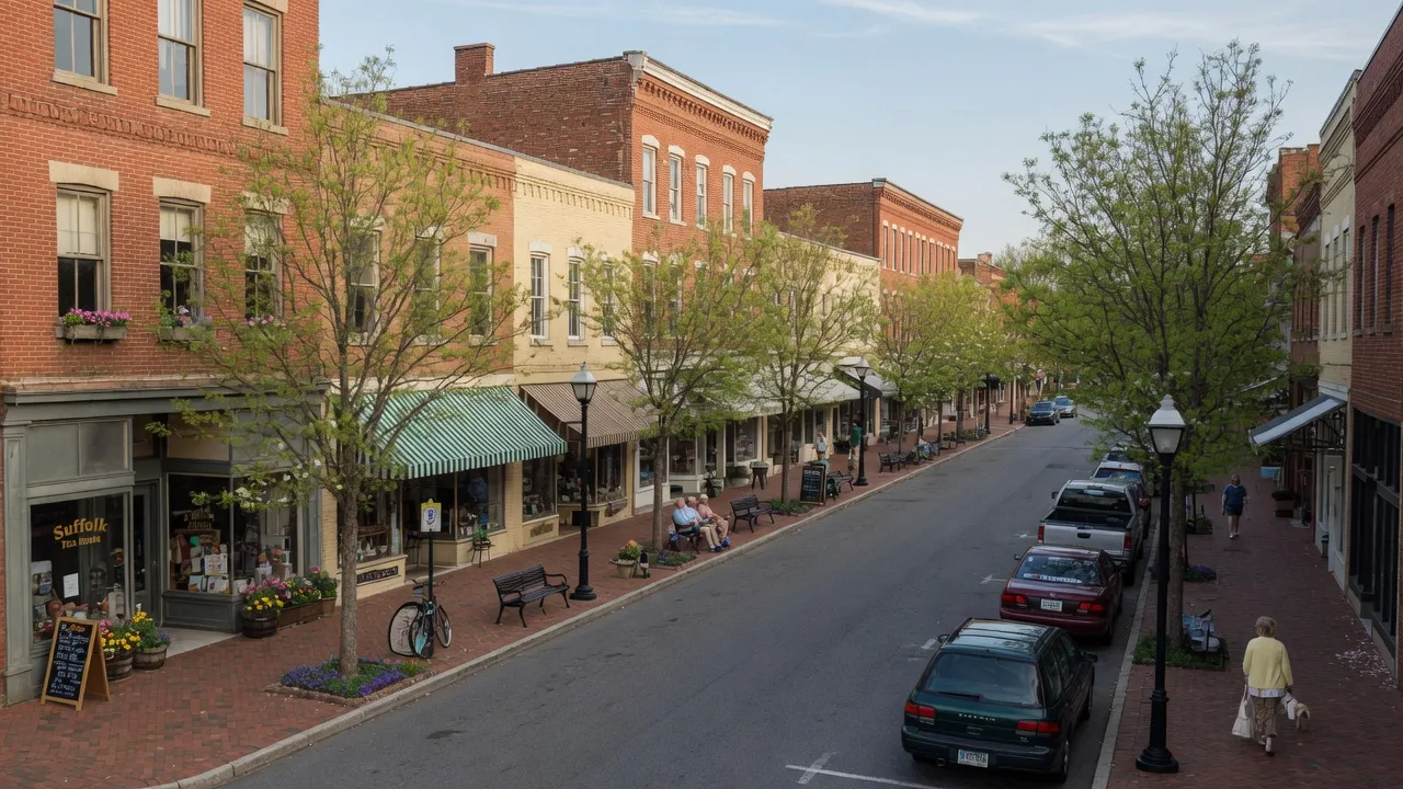 Historic downtown Suffolk Virginia with Main Street storefronts and tree-lined sidewalks