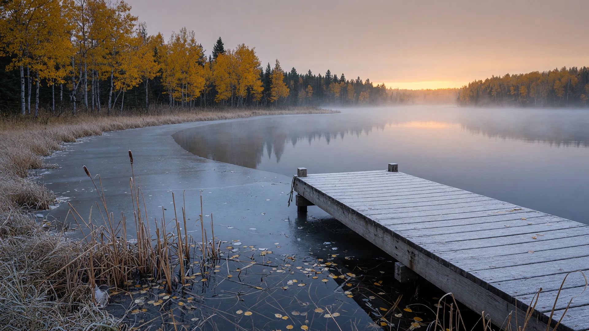 A central Minnesota lake at first light in late October after the first hard frost, with ice-crusted reeds, a frost-coated wooden dock, golden aspen and birch along the shoreline, and low mist over still cold water