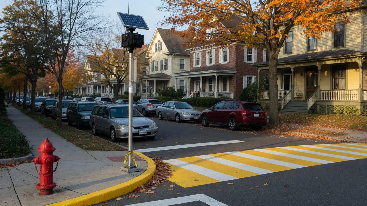 A Montclair NJ street with a solar-powered parking-enforcement camera pole next to a crosswalk, fire hydrant, yellow-curb no-parking paint with historic homes and parked cars on a crisp October morning