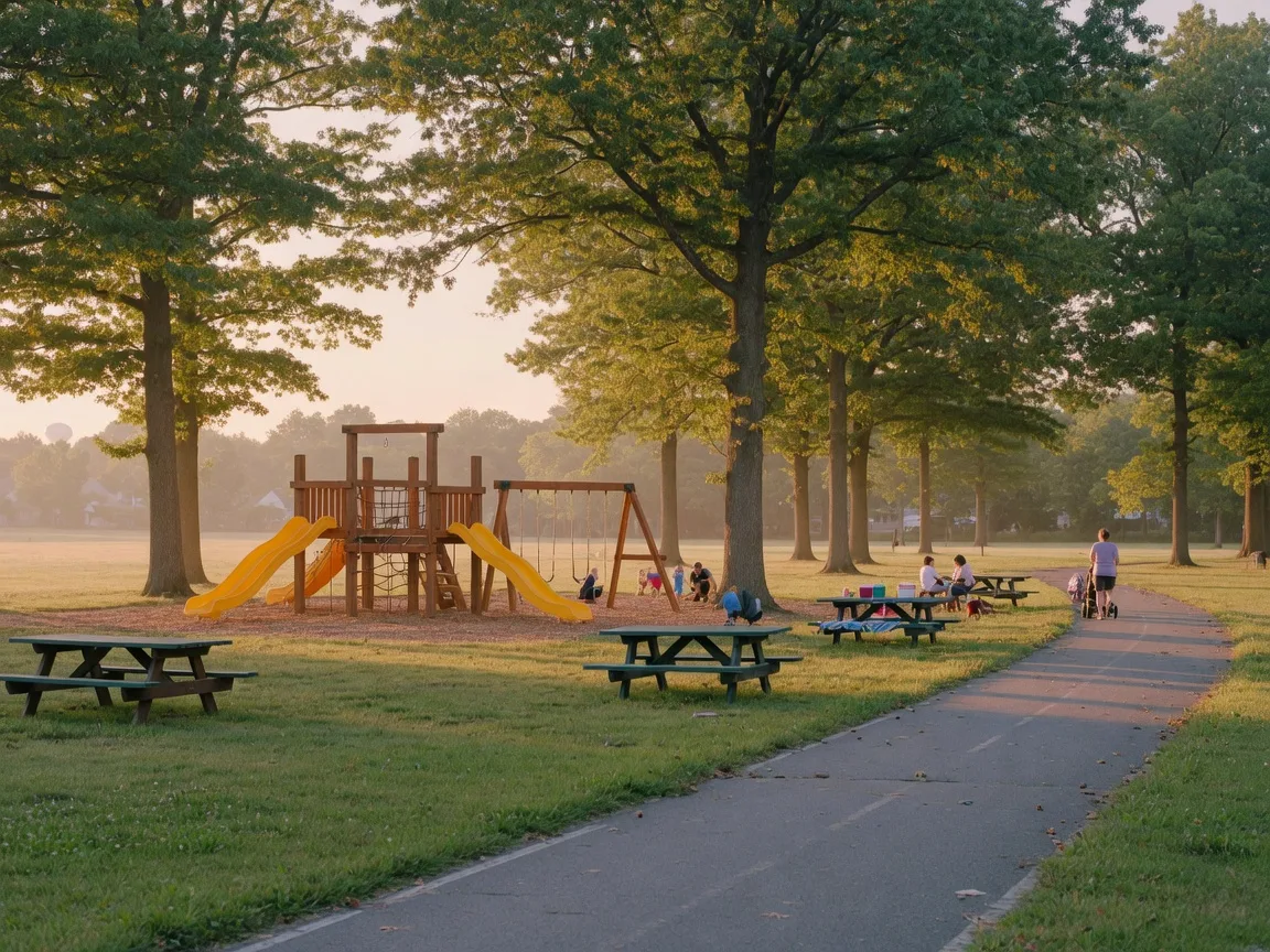 A leafy Midwestern park with a playground and walking trail in warm morning light near Peoria
