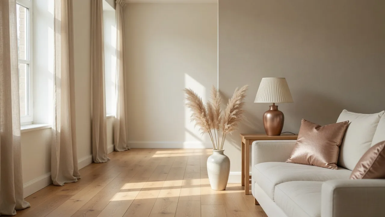 A warm neutral living room with an ivory feature wall, oak hardwood floors and a cream sofa