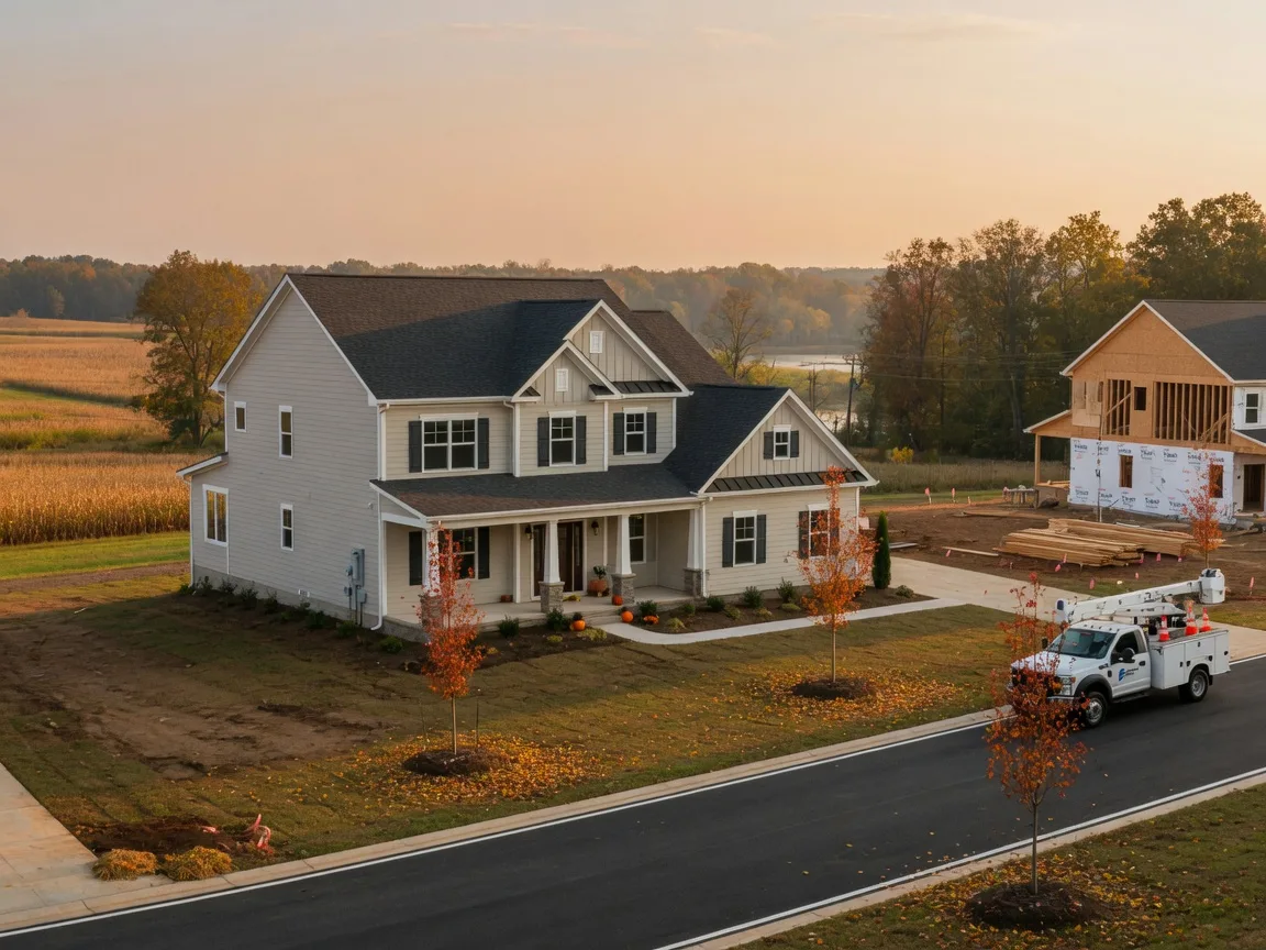 New construction single-family homes on one-acre lots in King George County Virginia in early autumn