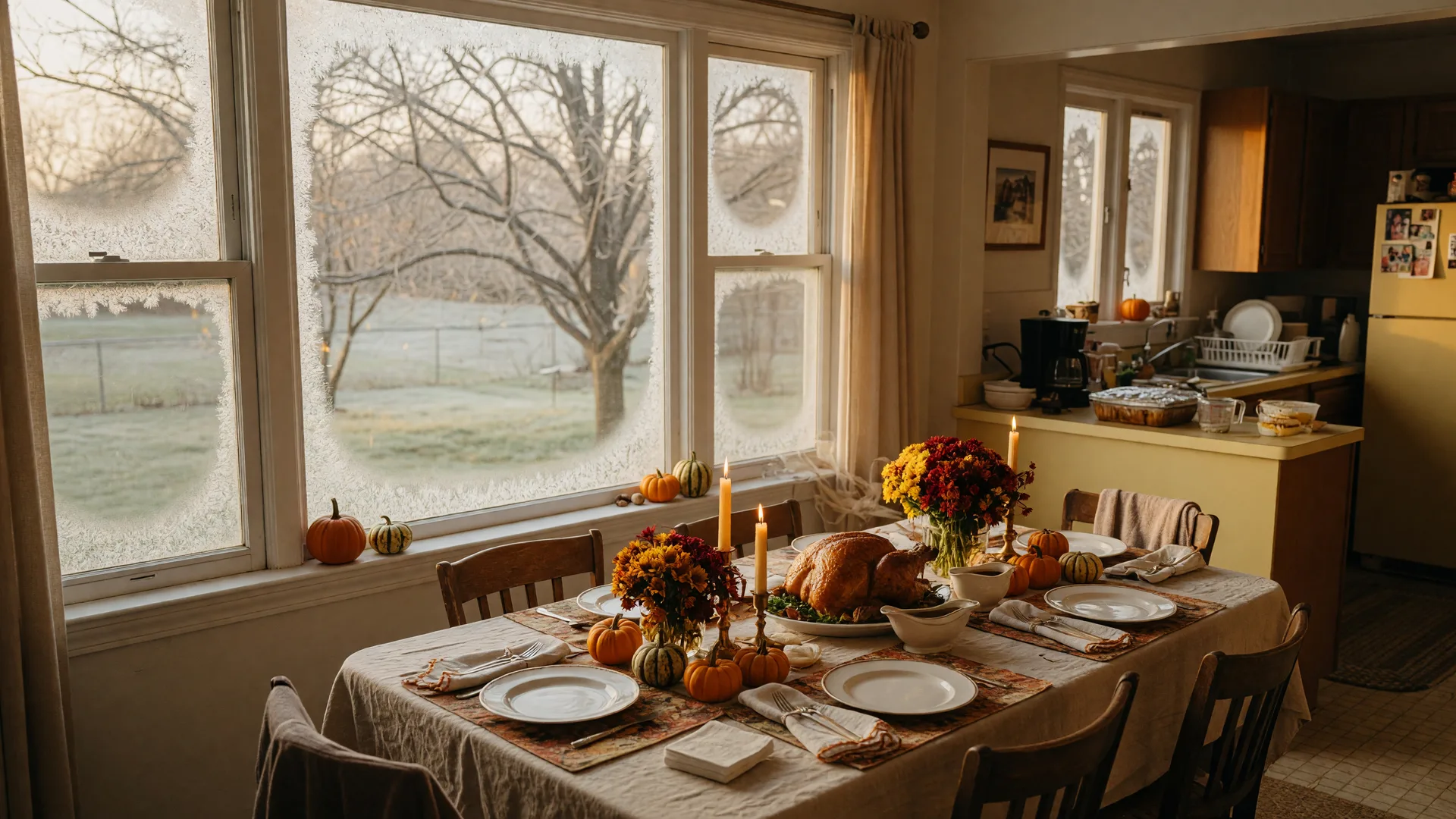 A warm photograph of a cozy downsized dining nook in a Northwest Indiana ranch home on Thanksgiving morning, with a small harvest table set for six, autumn mums, a roasted turkey platter, candles, and pumpkins, golden light through frost-touched windows