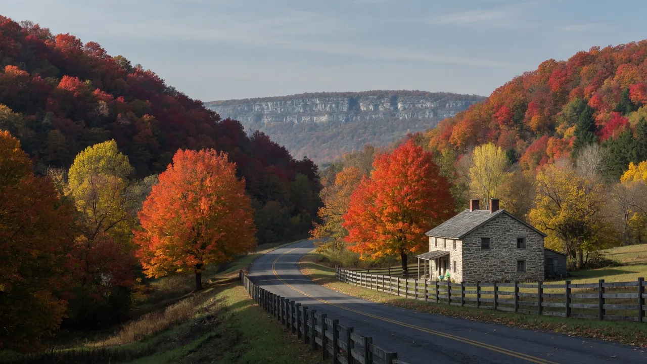 Route 611 curving between wooded ridges in full October color, red and gold maples and oaks against a hazy blue sky, a stone farmhouse and split-rail fence at the roadside