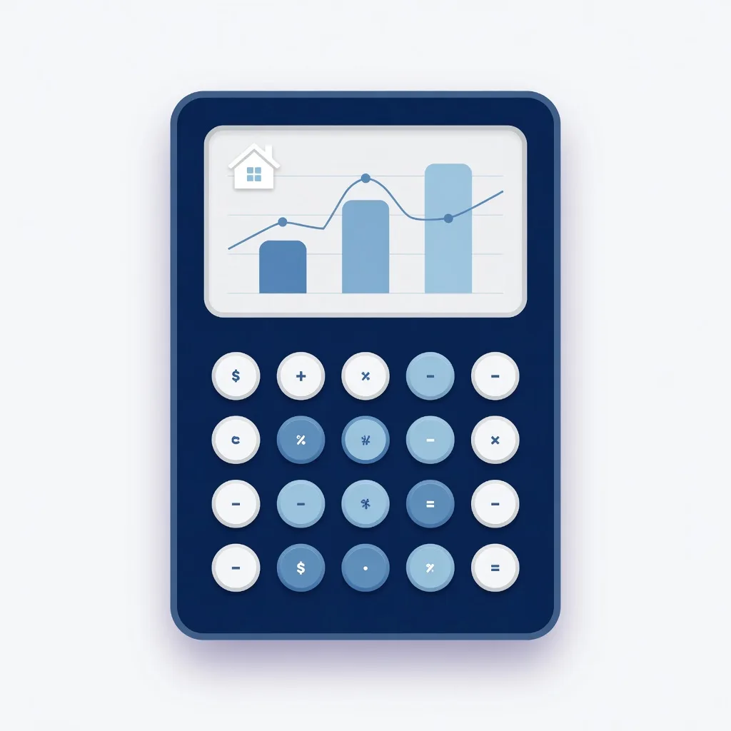 Navy flat-vector illustration of a digital calculator with a light-blue chart screen