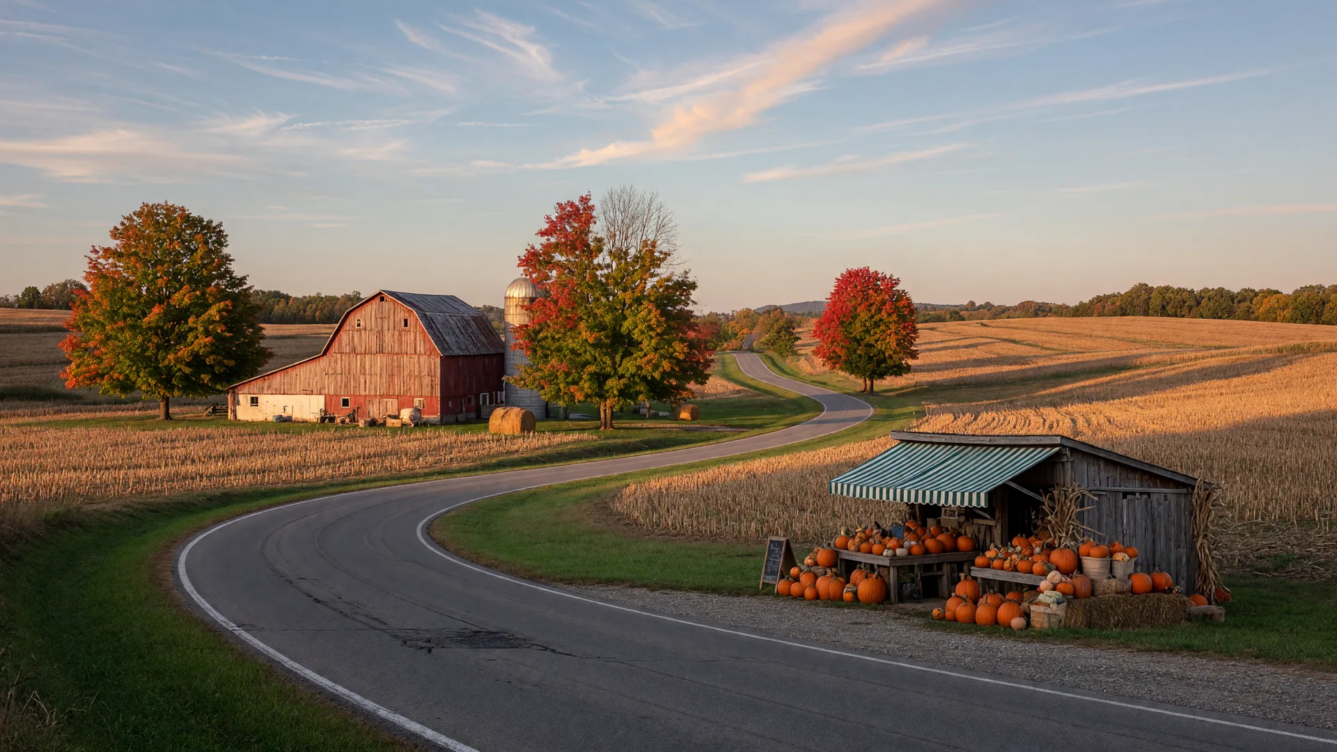 A winding country road in Medina County in early October with a weathered red barn, a roadside farm stand with pumpkins, and maples just beginning to turn gold and crimson