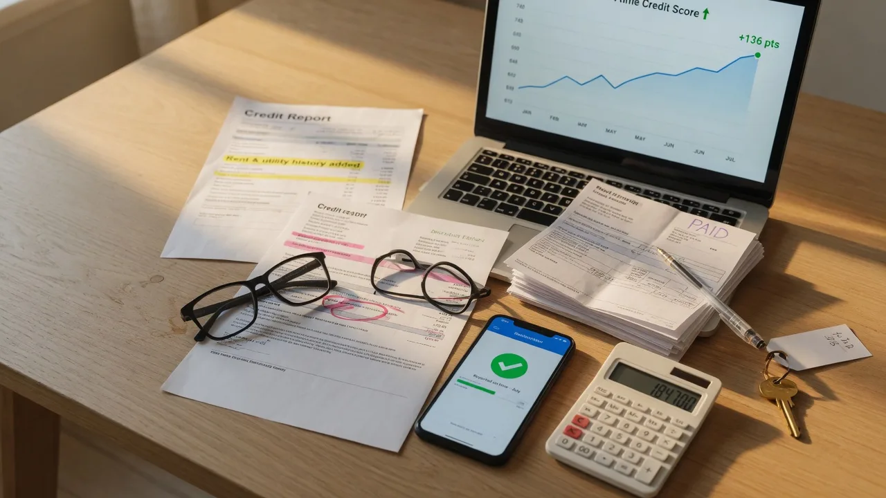 A first-time homebuyer's planning desk with a laptop showing a rising credit score chart, a printed credit report with rent and utility history highlighted, a lease agreement, paid utility bills, a rent-reporting app on a smartphone, and a brass house key in warm morning light
