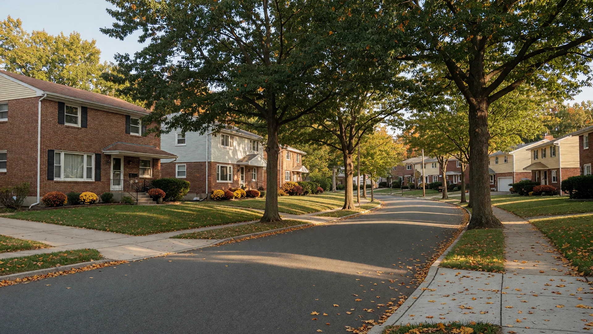 Tree-lined mid-century homes in the Springdale neighborhood of Cherry Hill on an early-October afternoon with the first autumn color on the oaks