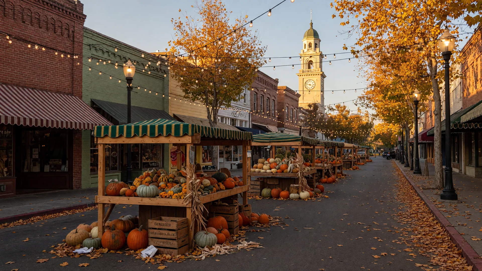 Autumn street festival market with pumpkins, market stalls with apples and gourds, and glowing string lights in a small-town downtown