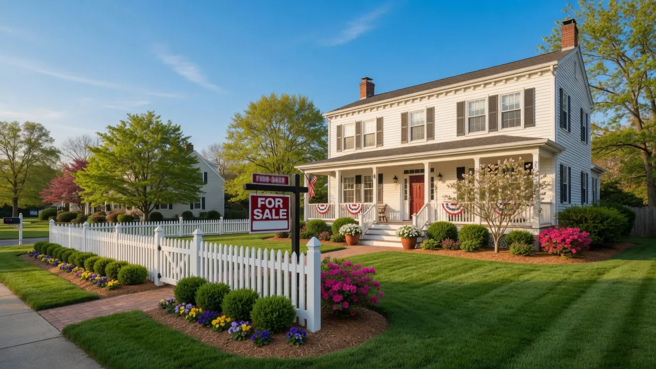 Welcoming colonial-style home in South Jersey with a For Sale sign and white picket fence on a sunny morning