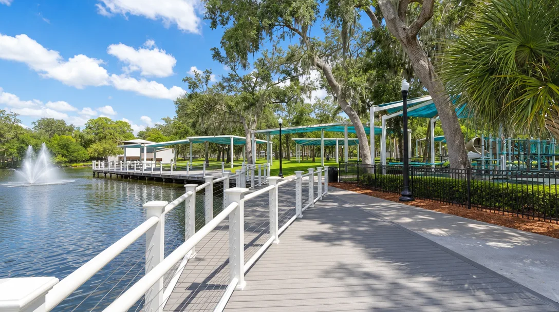 Golden-hour view of the New Port Richey riverfront along the Cotee River, with the Sims Park band shell and downtown across the calm water, a paved walking path with benches, and moored kayaks and boats