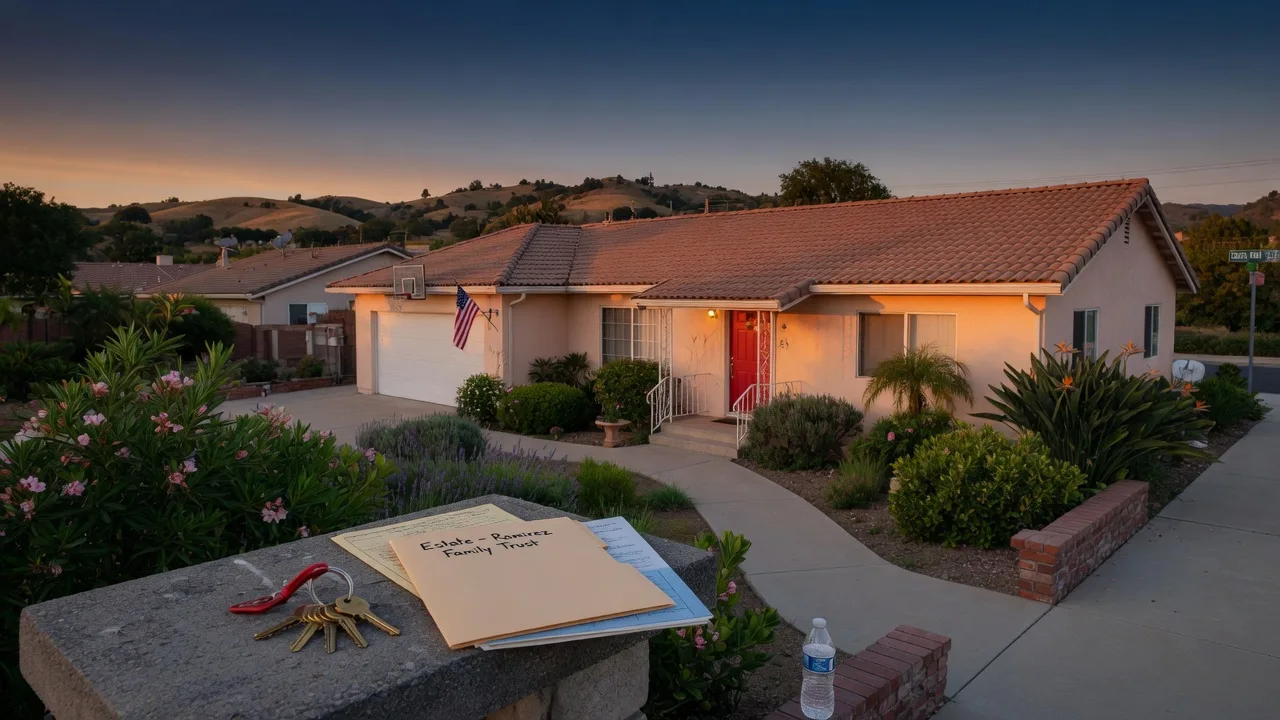 A single-story California stucco ranch home in Murrieta at golden hour, with brass house keys and a folder of estate documents resting on a stone planter in the foreground