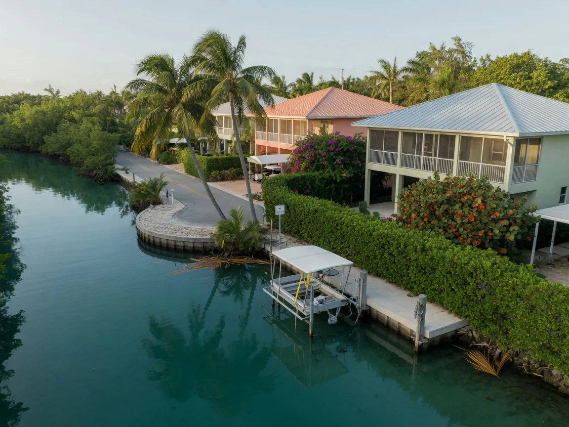 A secluded dead-end canal pocket in Key Largo at mid-morning, luxury elevated waterfront homes with metal roofs set back behind lush tropical hedges, a calm turquoise deep-water canal and a private dock with a small boat lift