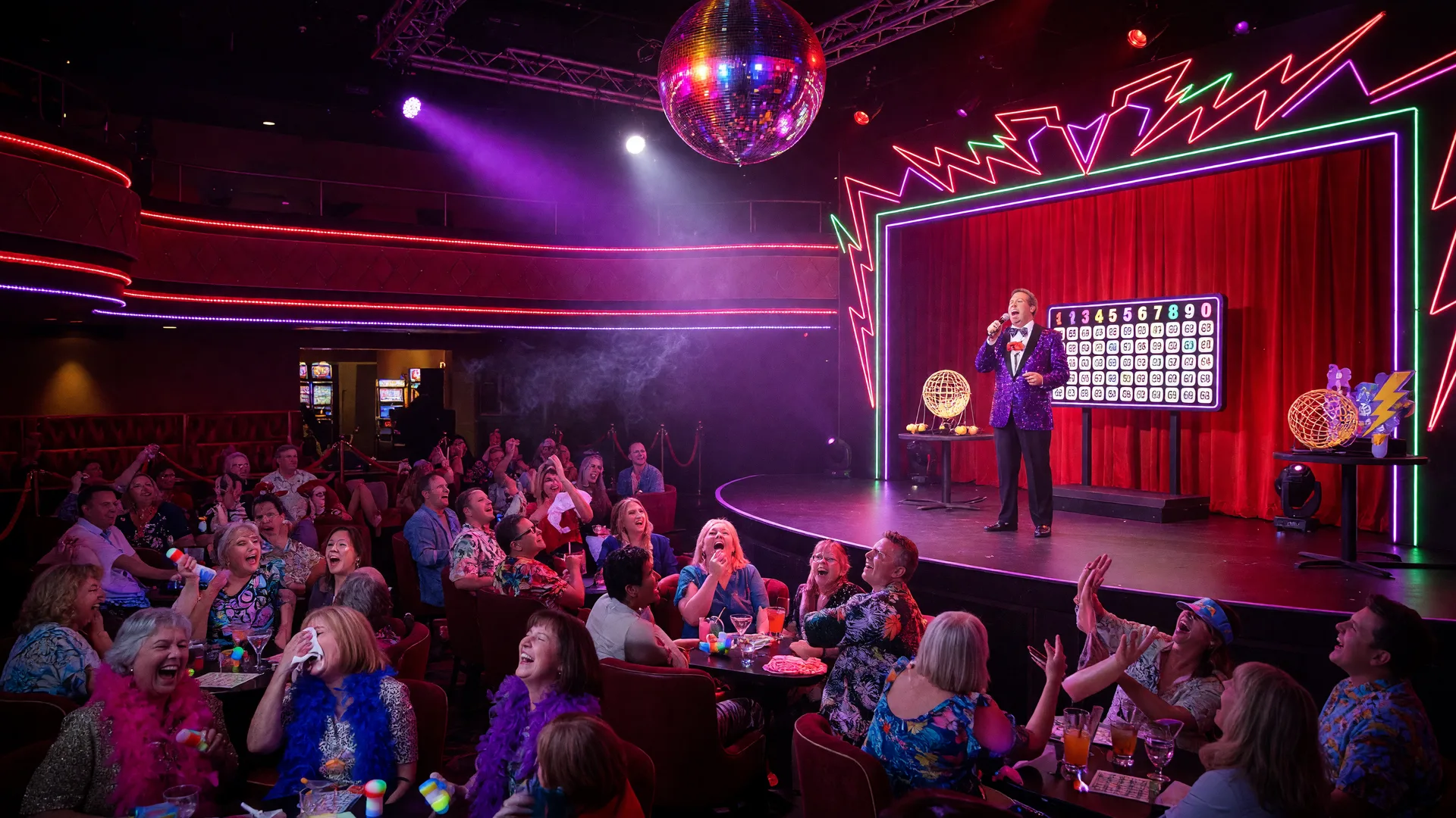 Lively bingo and comedy event stage in a casino theater with bright neon lights, disco balls, and energetic party atmosphere