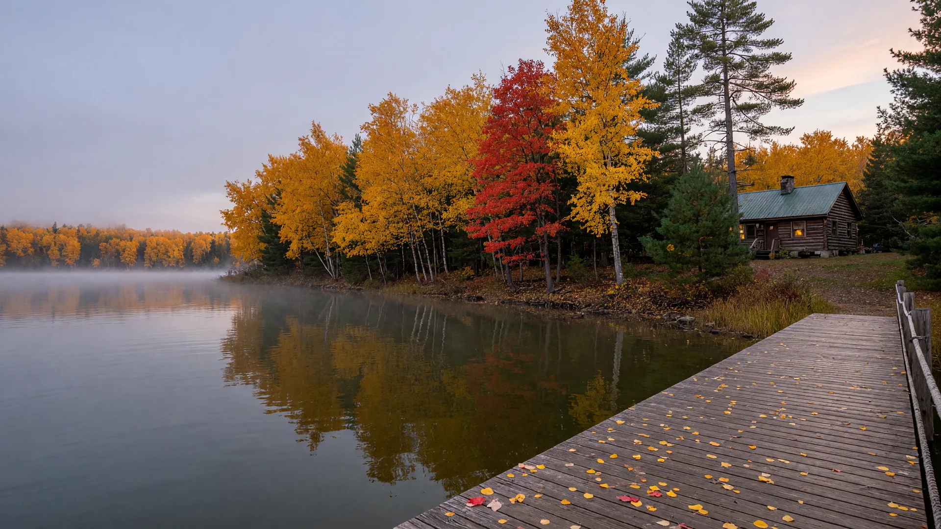 Golden fall color along a central Minnesota lake at first light with a cedar dock, a cabin among the pines, and mist over still water in early October