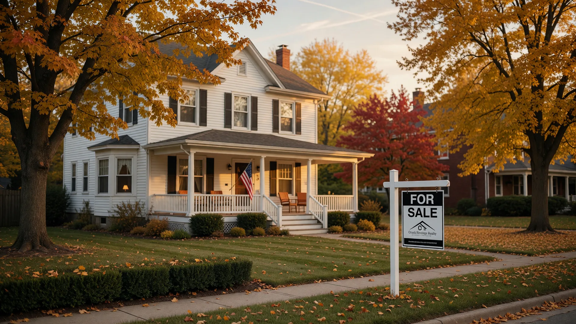 Classic white two-story home with a front porch and For Sale sign in Southwest Missouri on a sunny autumn afternoon