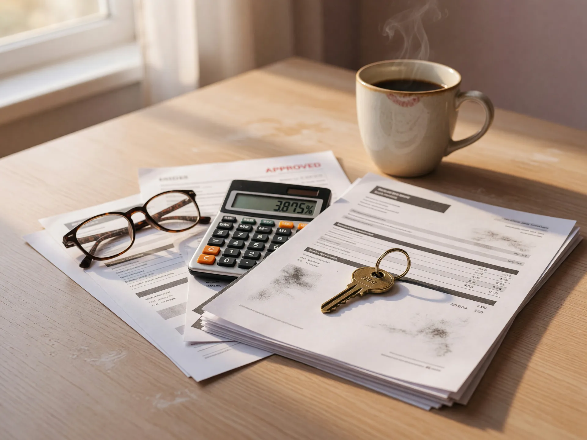 A neat stack of credit and mortgage documents with a calculator, reading glasses, and a small brass house key in warm window light