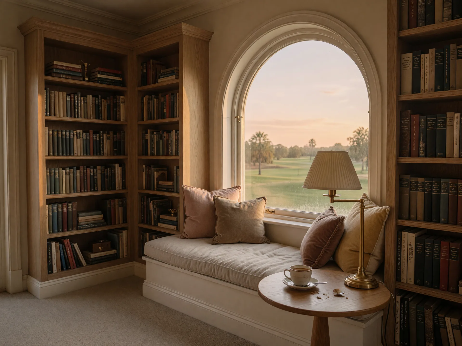 A cozy window-seat reading nook lined with built-in bookcases in a luxury home,lit by warm golden afternoon light
