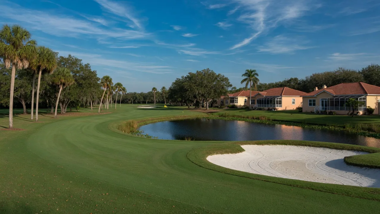 A championship golf course in Manatee County with emerald fairways curving around a water hazard, white sand bunkers, and Mediterranean-style homes lining the fairway on a clear morning