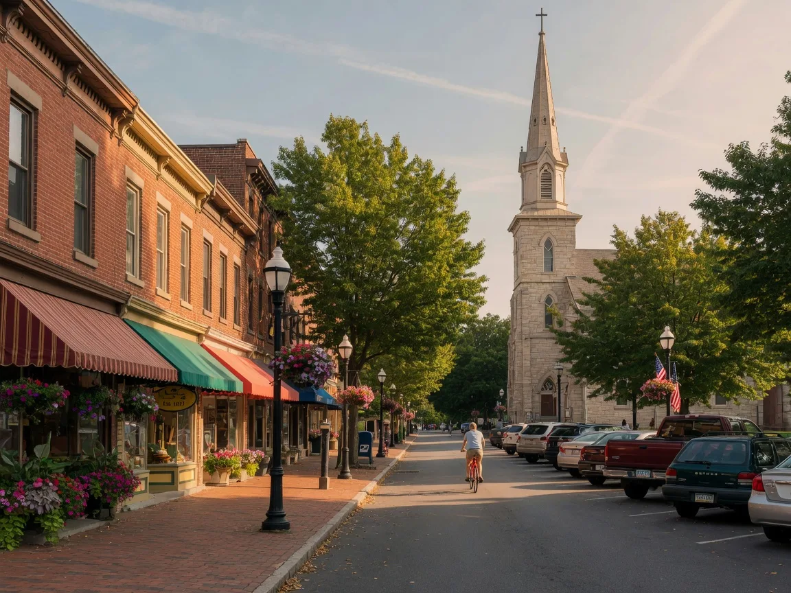 A tree-lined historic Main Street with brick storefronts and a stone church steeple in a small Lehigh Valley town