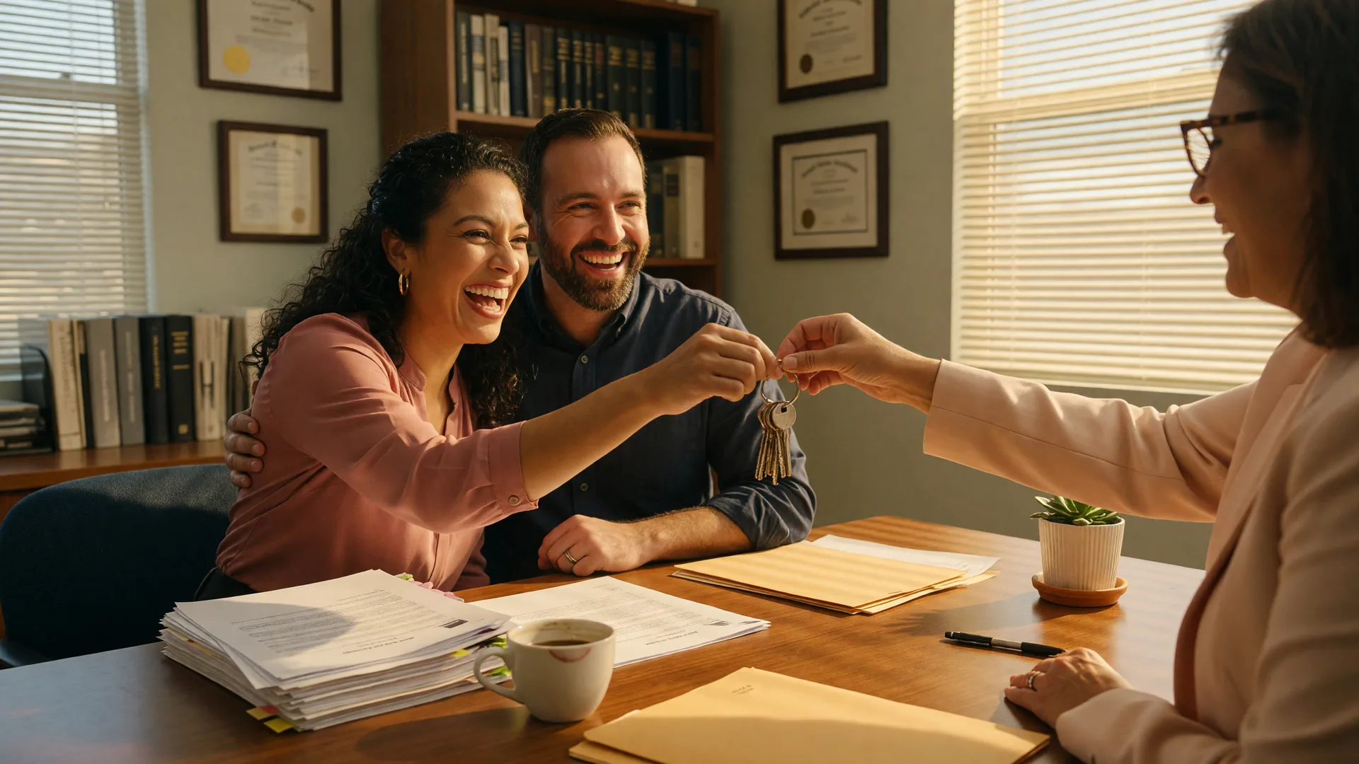 Happy couple receiving keys to their new home at a title company closing table