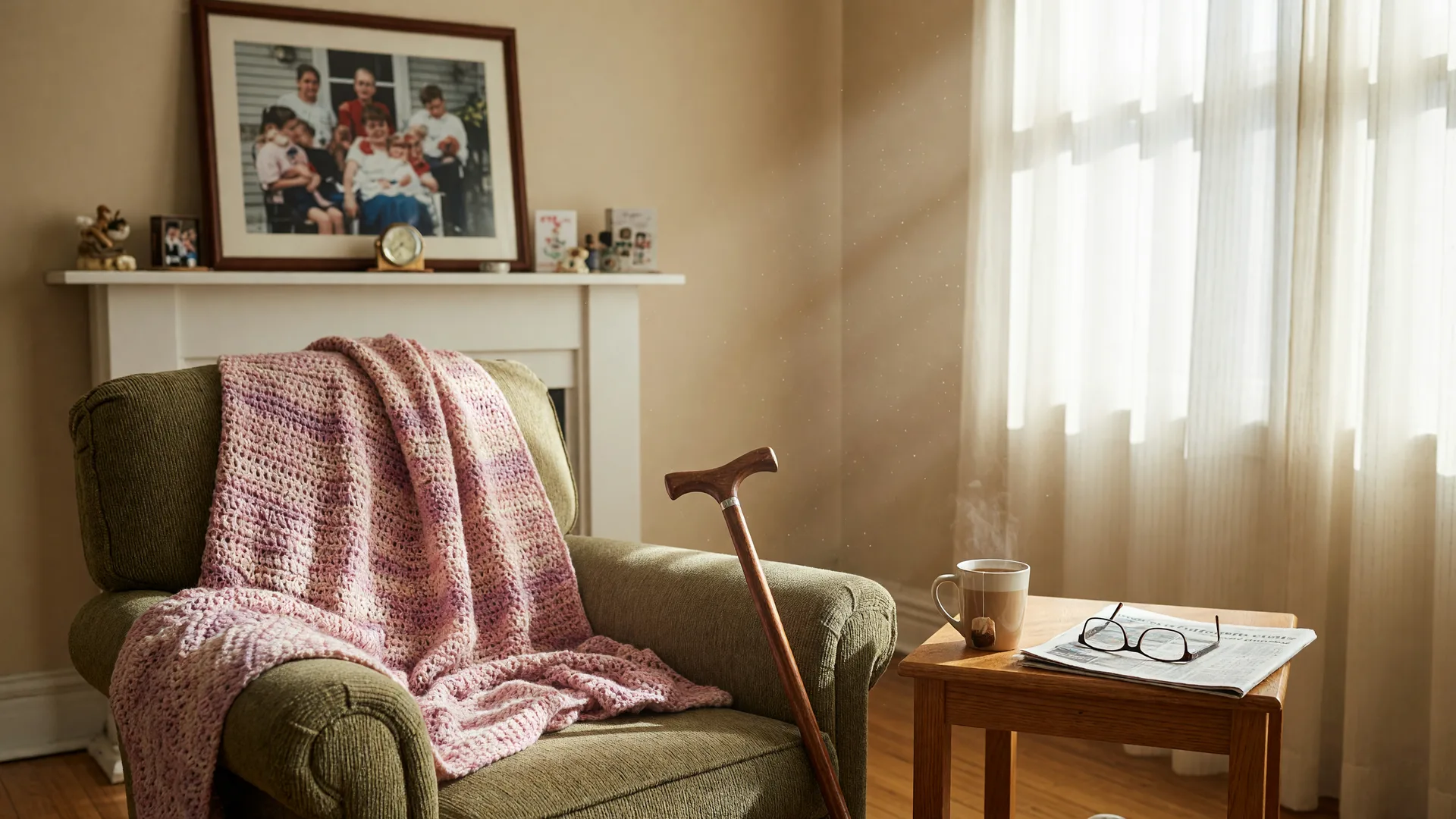 A sunlit family living room with an armchair, a knitted throw, a walking cane, and a framed family photo on the mantle, conveying care and home