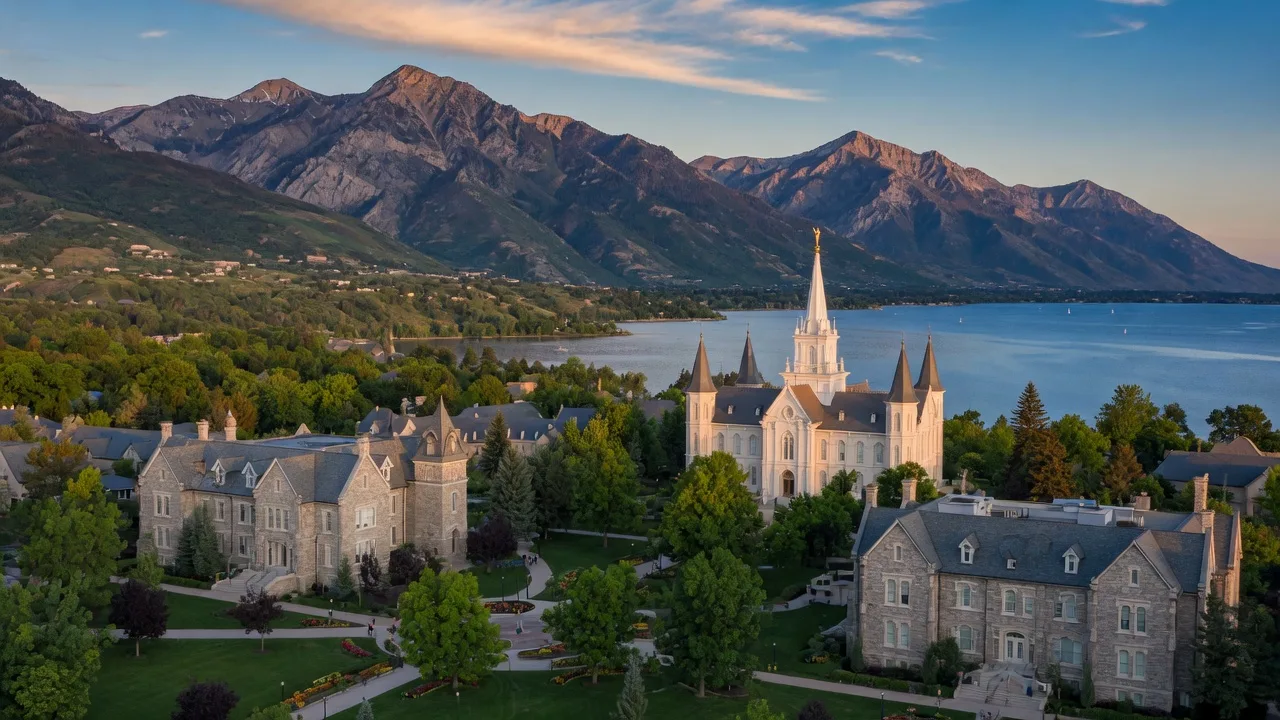 Provo, Utah with Brigham Young University campus, the Provo City Center Temple, and the dramatic Wasatch Mountain backdrop