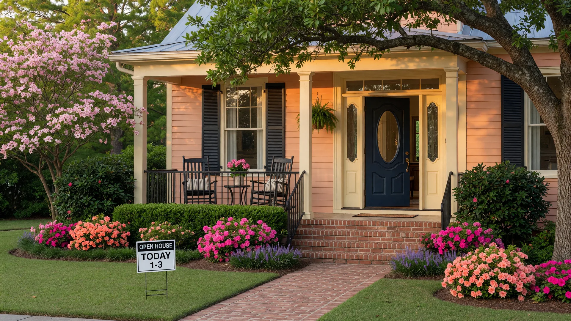 Welcoming entrance of a Southern home with brick front porch and established landscaping, ideal for open house tours in the CSRA