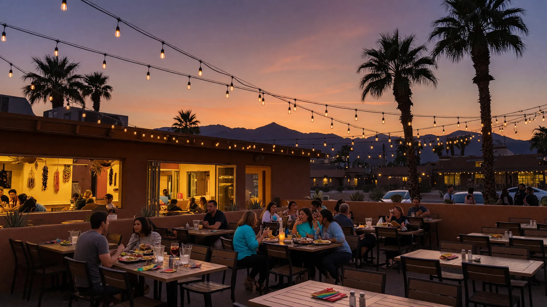 Outdoor restaurant patio in Southwest Las Vegas at dusk with string lights, diners, and palm trees against a twilight desert sky