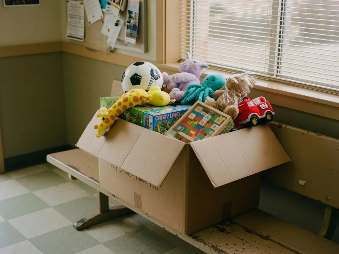 A collection box filled with new unwrapped toys, stuffed animals, board games, and building blocks for a holiday toy drive