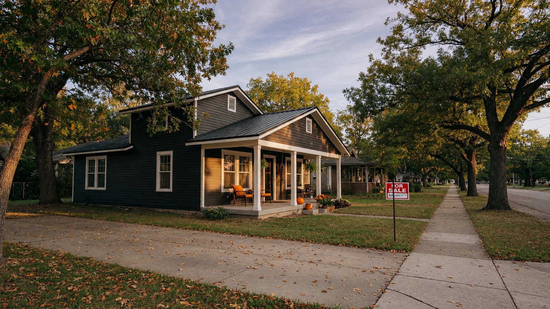 Updated single-story home with dark siding and a yard sign on a tree-lined Main Street in Omaha Texas in early October golden light