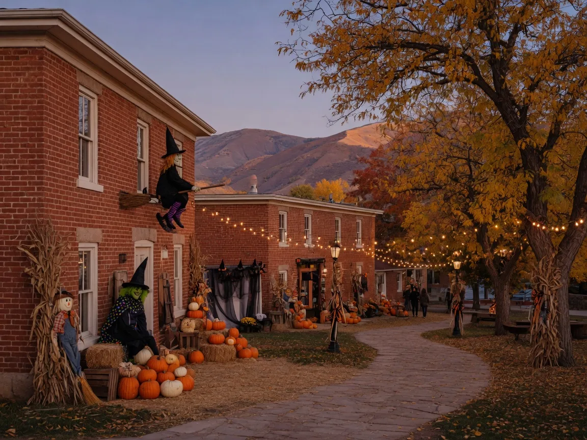 Gardner Village in West Jordan Utah in late October with historic red brick mill buildings, festive WitchFest witch displays, scarecrows and pumpkins along stone pathways, string lights glowing at dusk, and autumn trees in gold