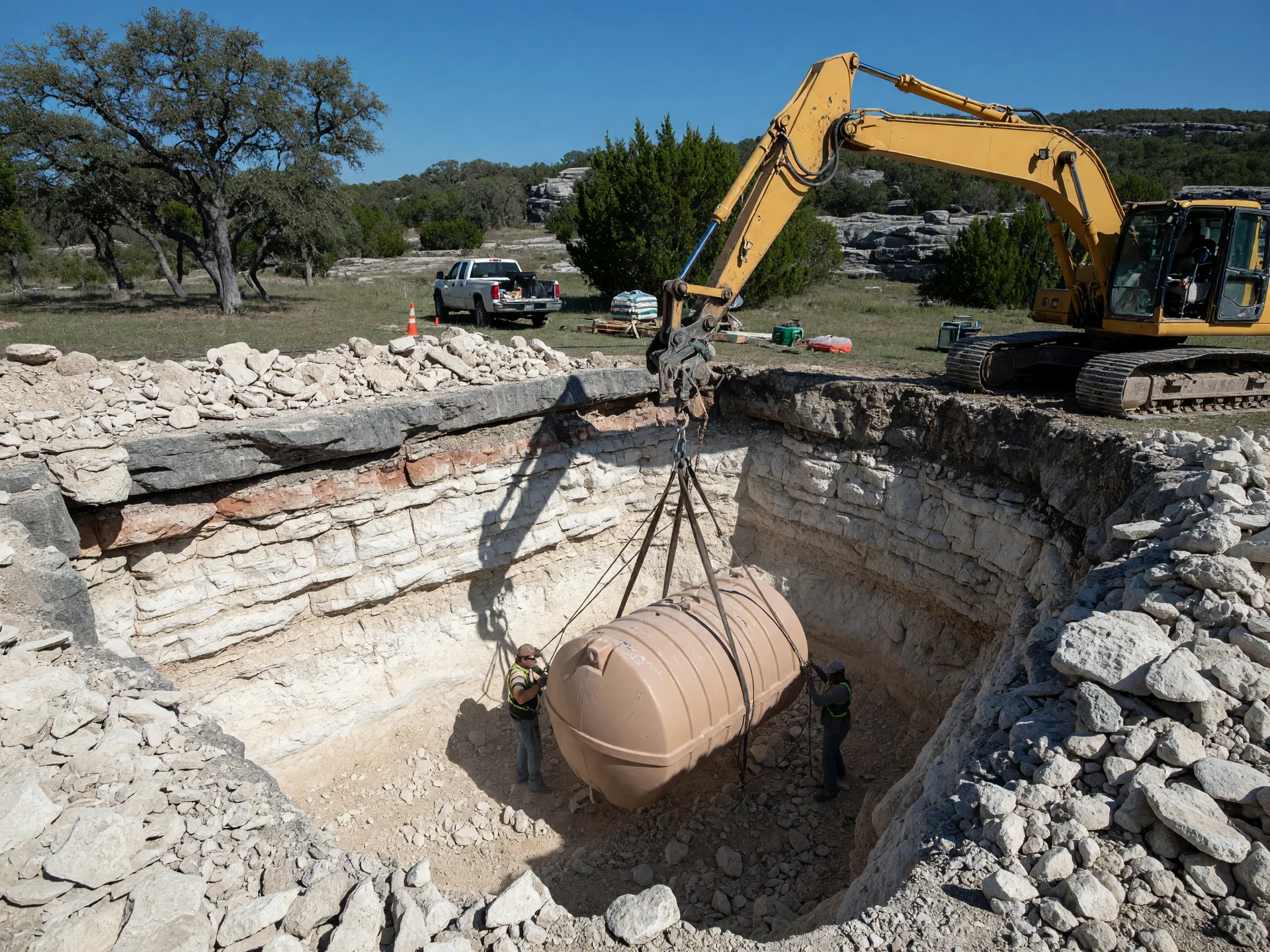 Large rainwater cistern being lowered into a limestone excavation on a Hill Country property during construction