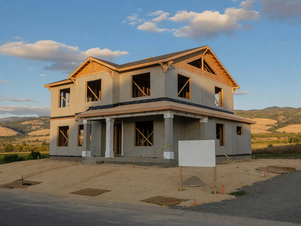 A two-story craftsman home under construction in a Southern Oregon subdivision, with golden Rogue Valley hills behind it